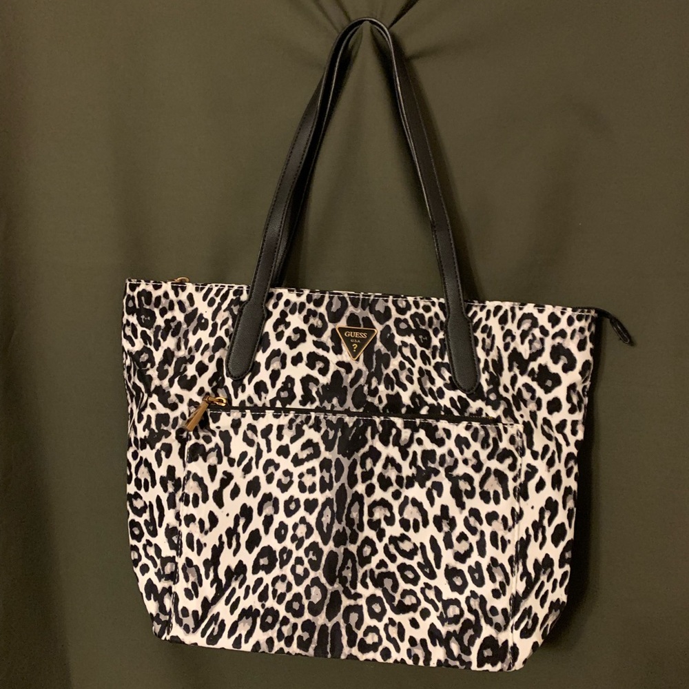 Guess Black and White Leopard Print Tote Handbag